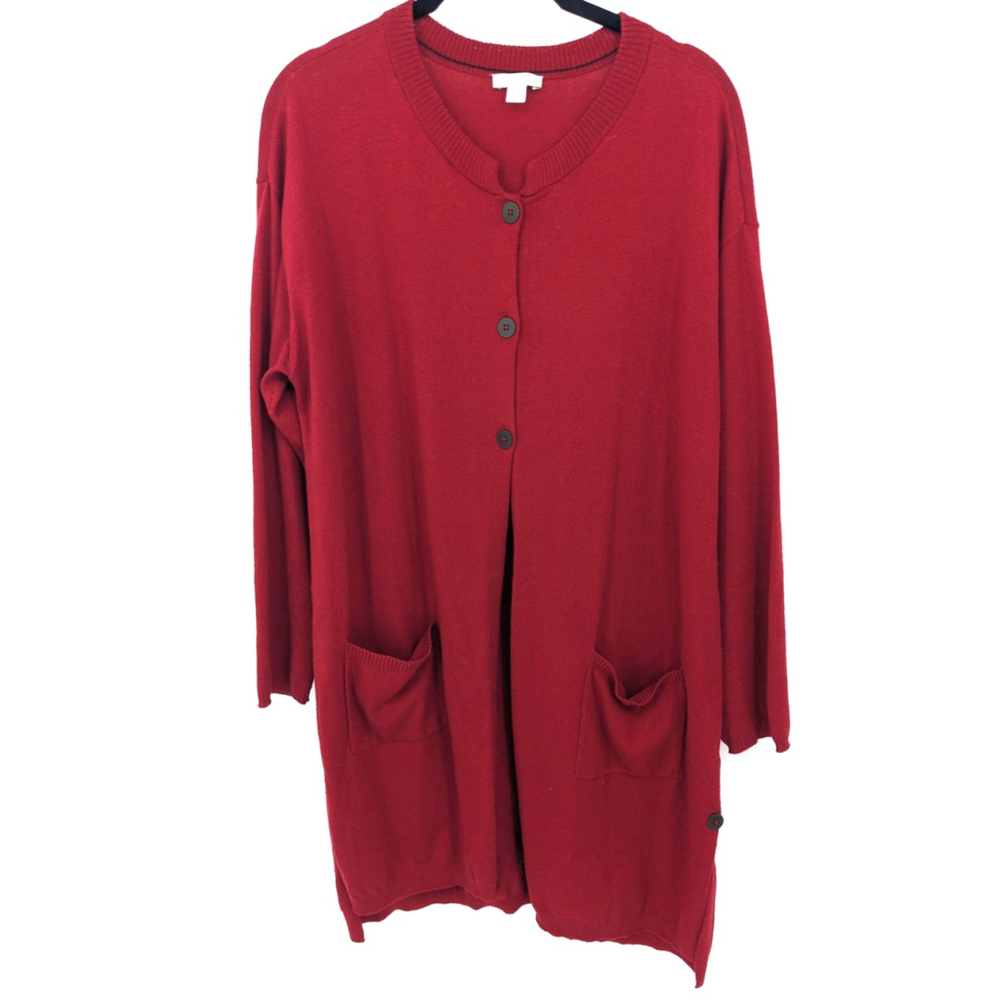 J‎ Jill Cardigan Sweater Womens Large Petite Red Wool Blend Pockets Button Long